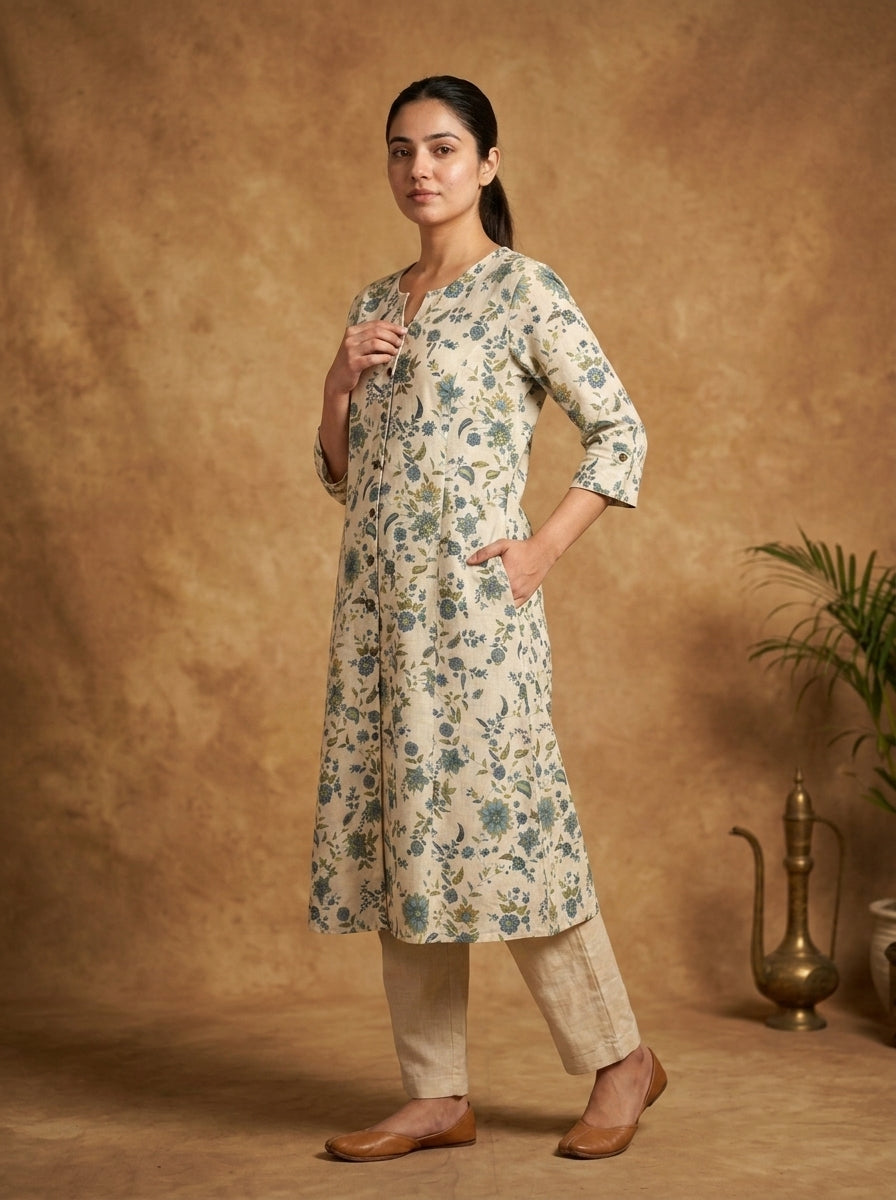 Ivory Blue Green Floral Print Cotton A-Line Kurta Set for Women – Button-Front Suit