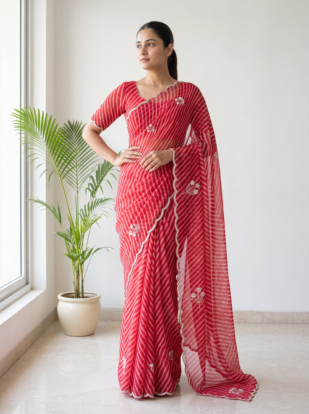 Red Leheriya Georgette Saree with Pearl Work & Blouse Piece