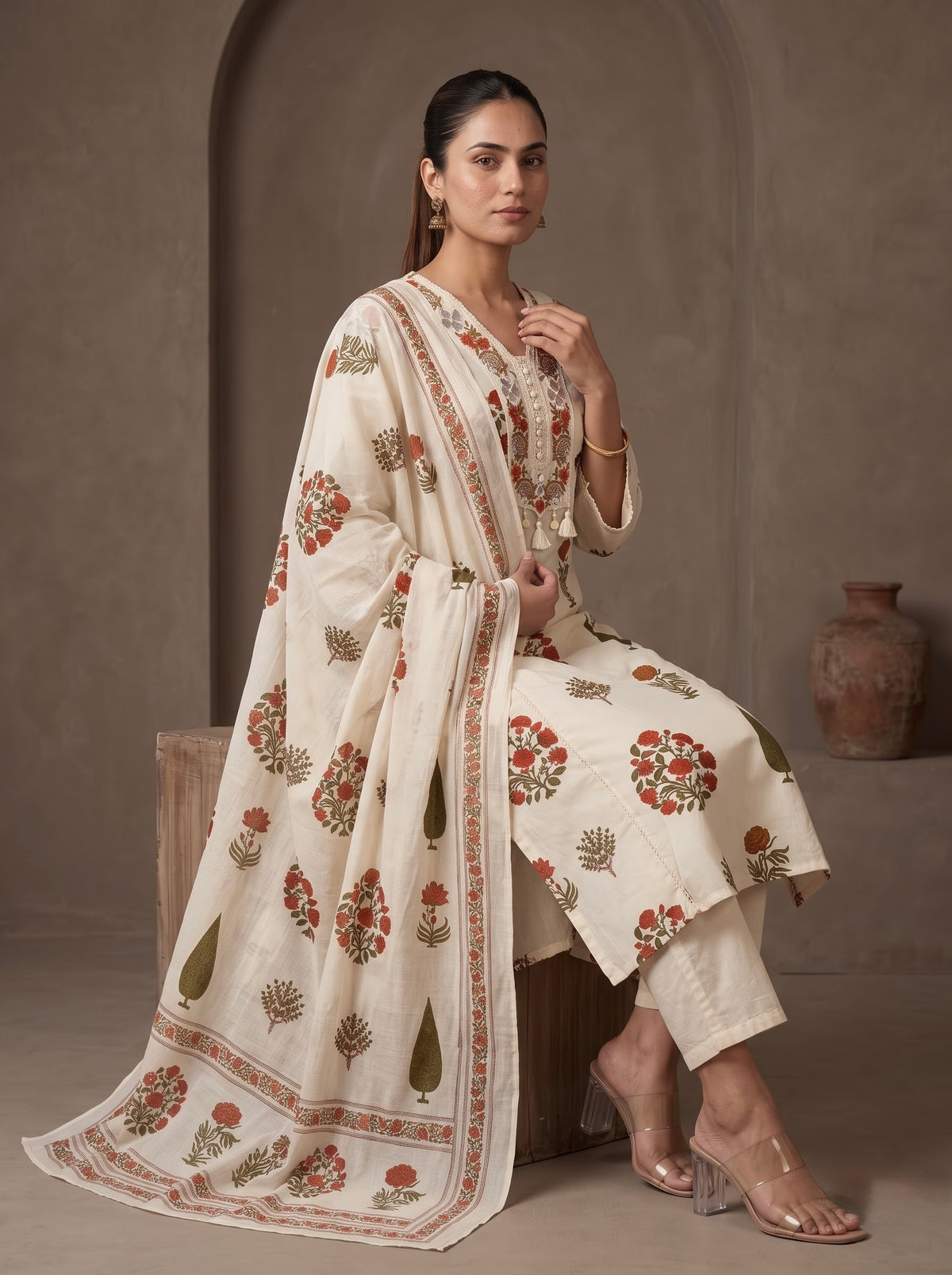 Ivory Mughal Floral Print Premium Cotton Kurta Set