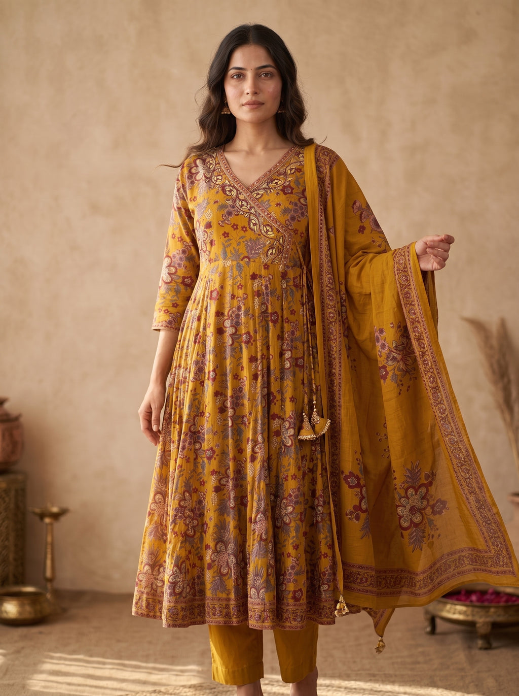 Mustard Kalamkari Print Anarkali Kurta Set with Dupatta