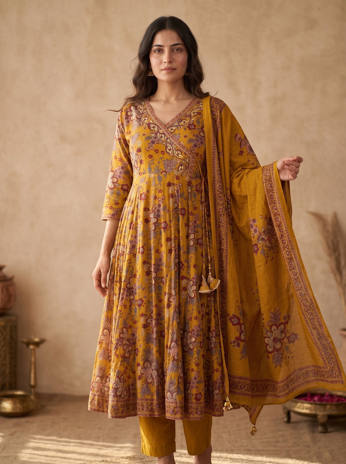 Mustard Kalamkari Print Anarkali Kurta Set with Dupatta