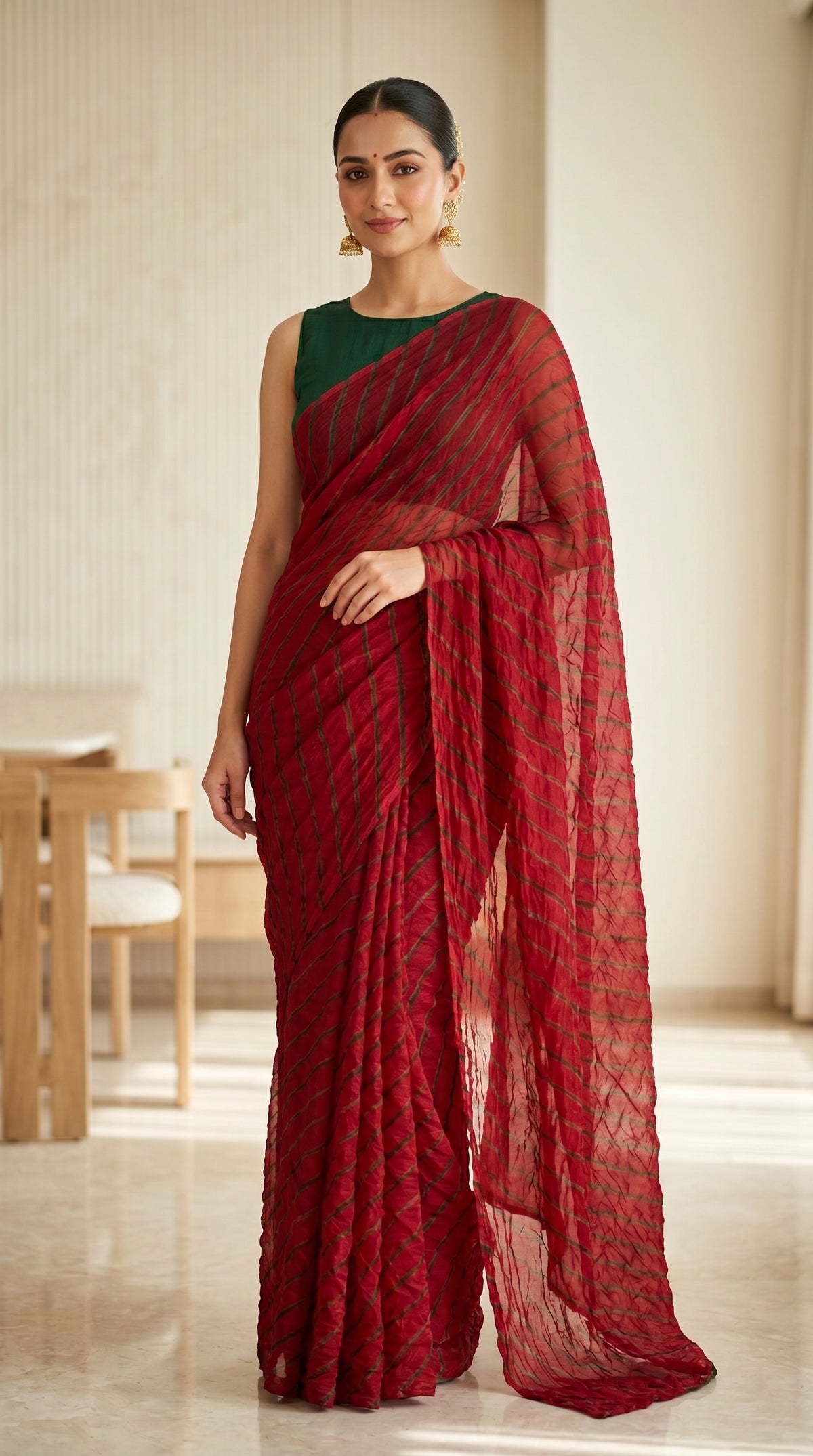 Deep Red Leheriya Georgette Saree with Blouse Piece