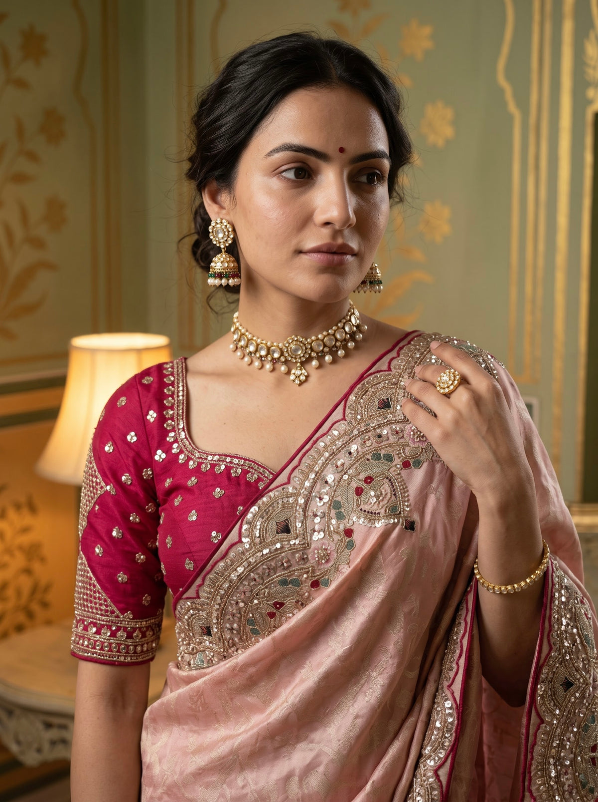 Blush Pink Jacquard Silk Saree with Sequin Paisley Border & Magenta Blouse