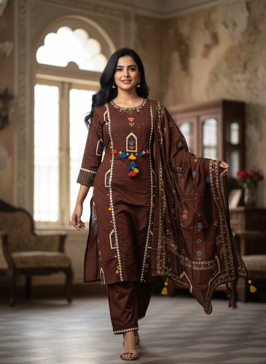 Coffee Brown Tulip Print Cotton Kurta Set for Women – A-Line Daily Wear Suit