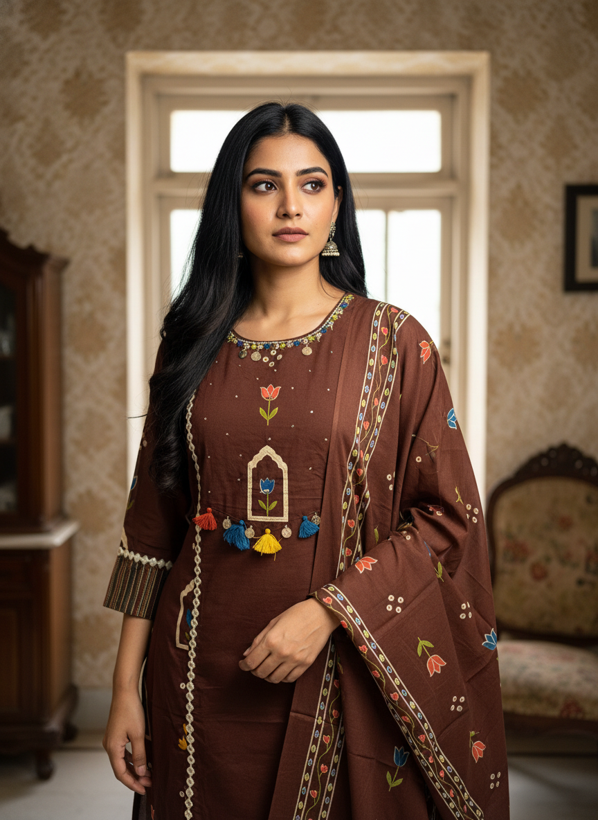 Coffee Brown Tulip Print Cotton Kurta Set for Women – A-Line Daily Wear Suit