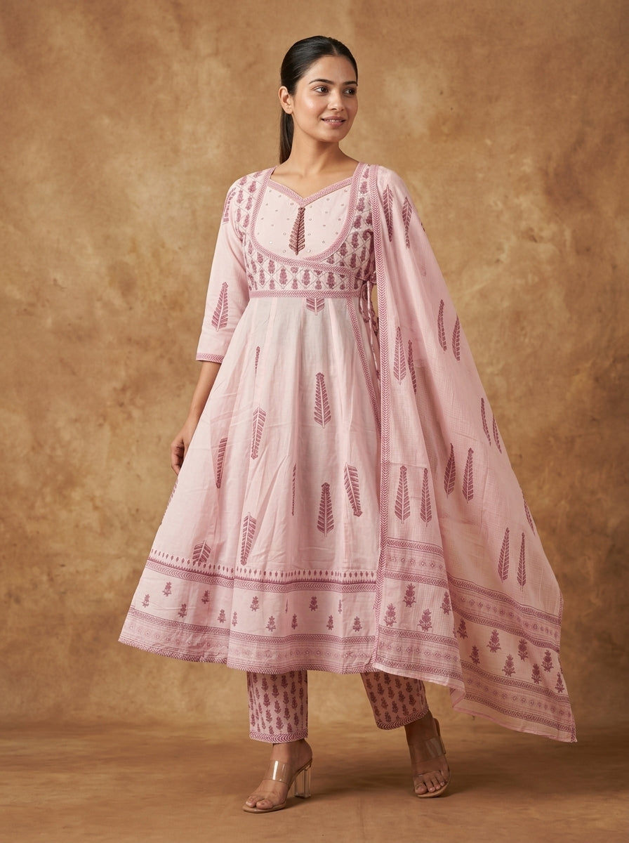 Light Pink Block Print Anarkali Suit Set | Women's Ethnic