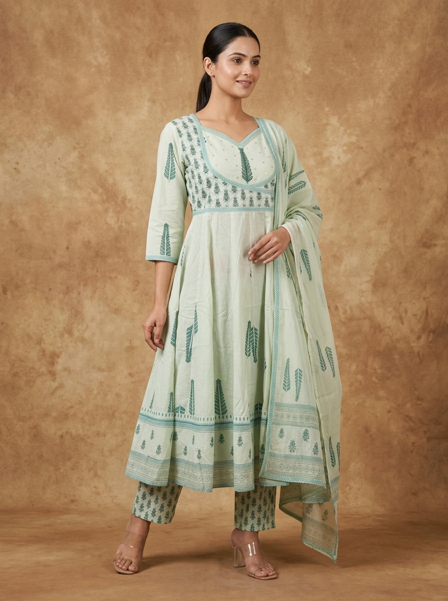 Pistachio Mint Floral Print Anarkali Suit Set