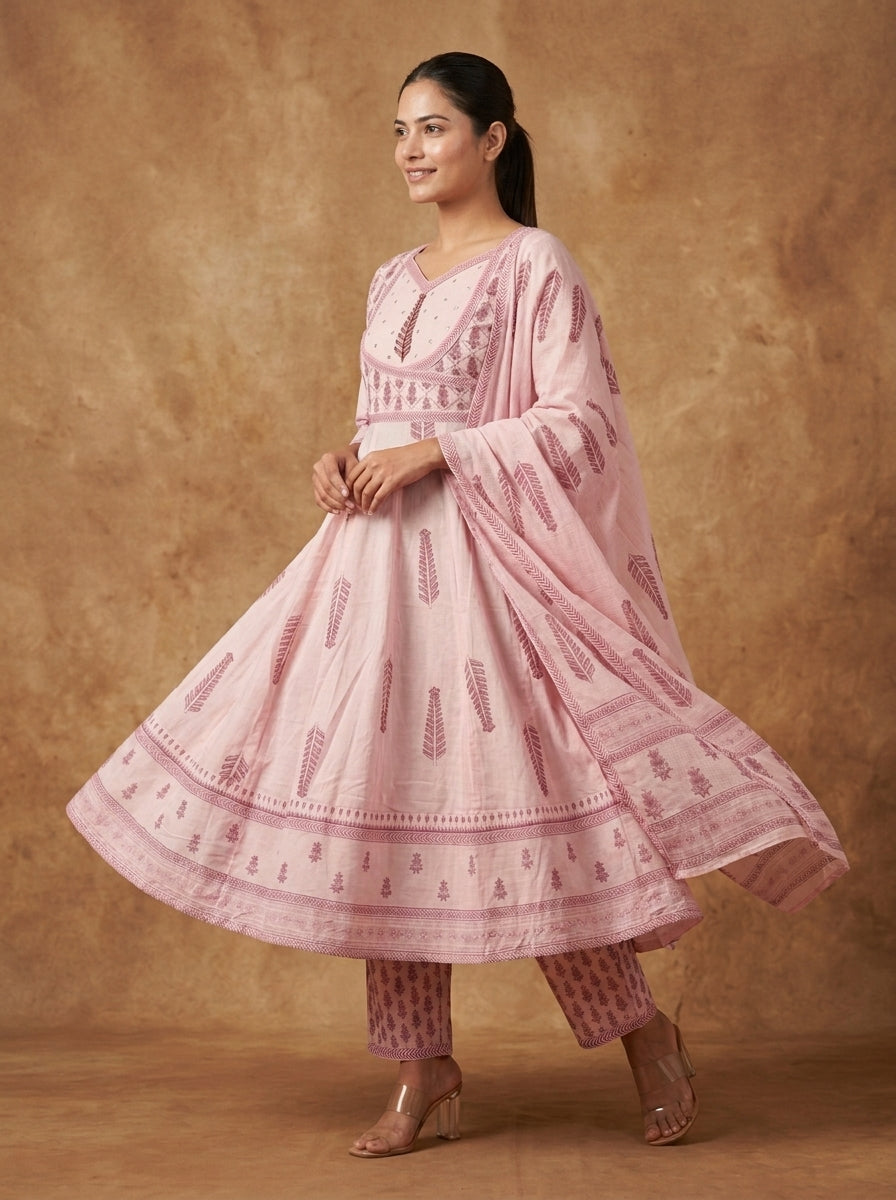 Light Pink Block Print Anarkali Suit Set | Women's Ethnic