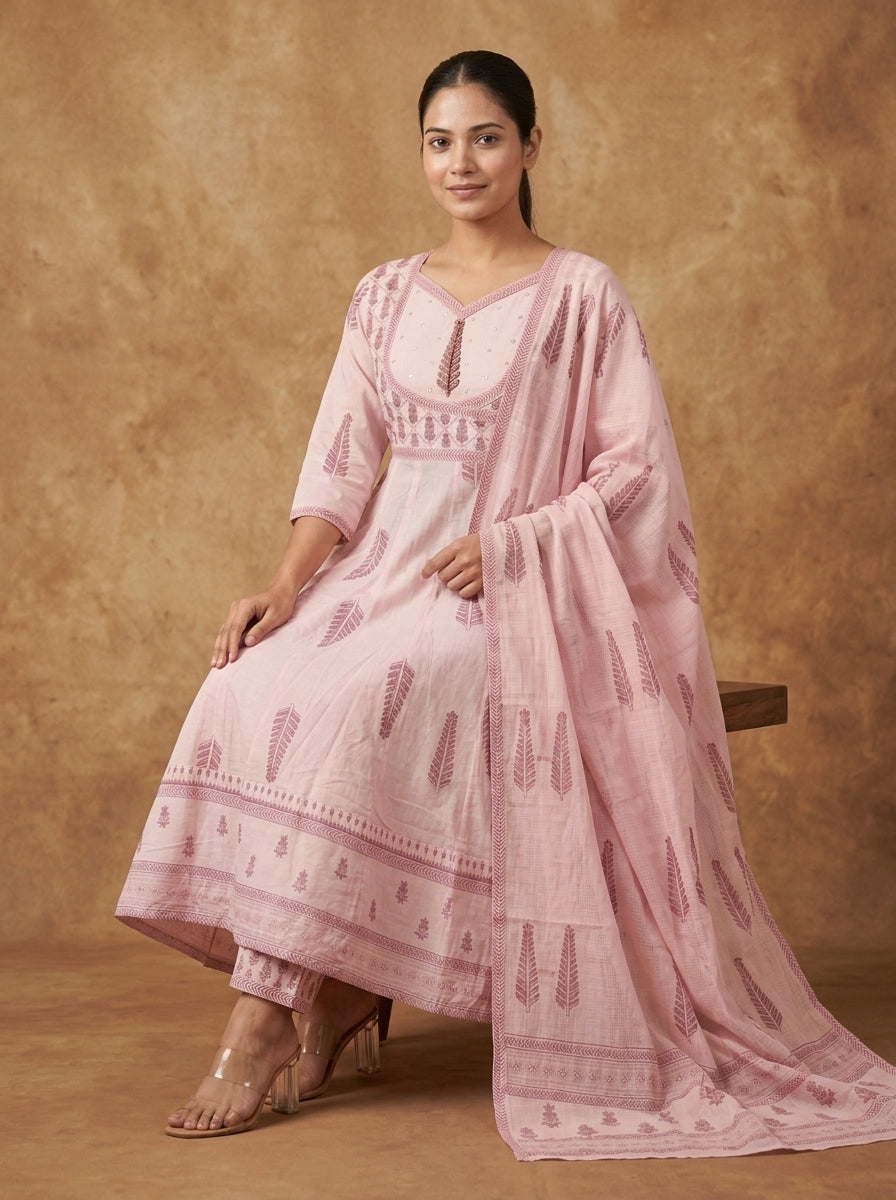 Light Pink Block Print Anarkali Suit Set | Women's Ethnic