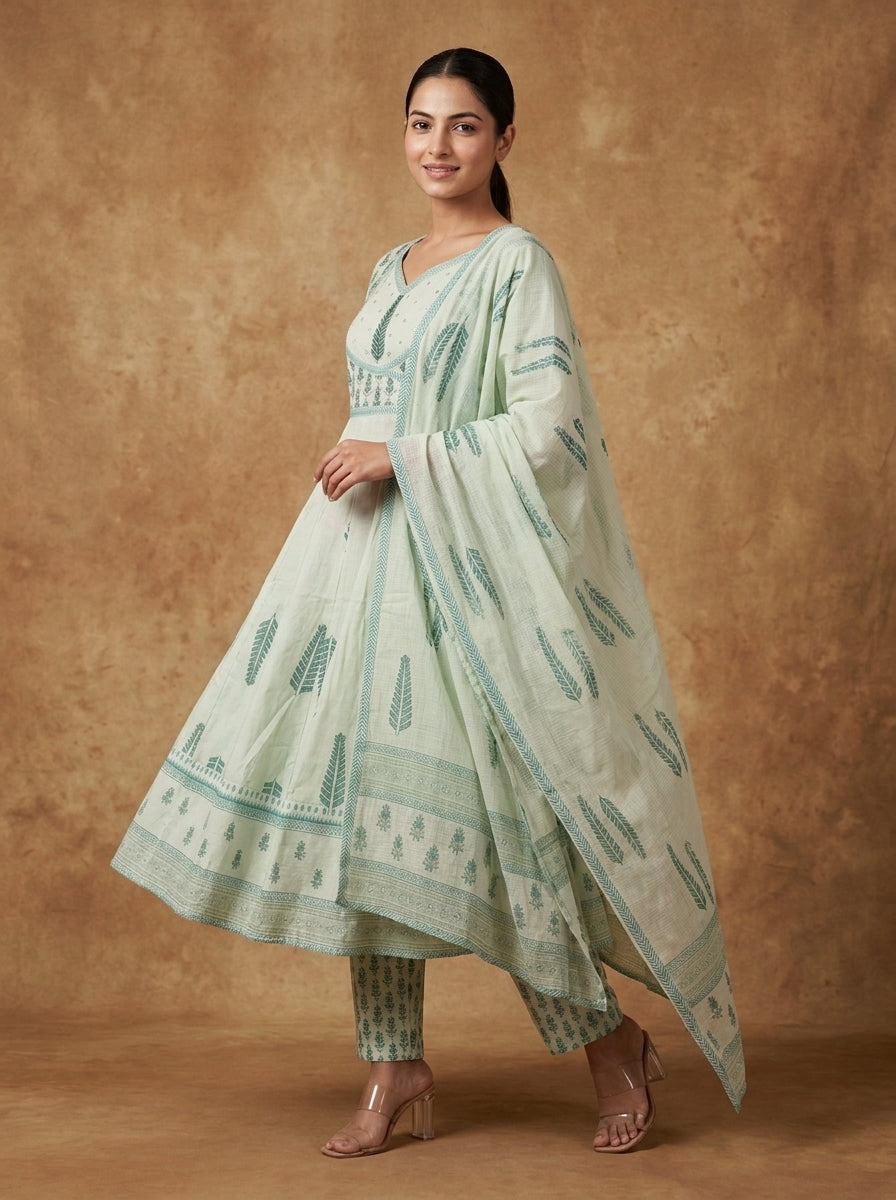 Pistachio Mint Floral Print Anarkali Suit Set