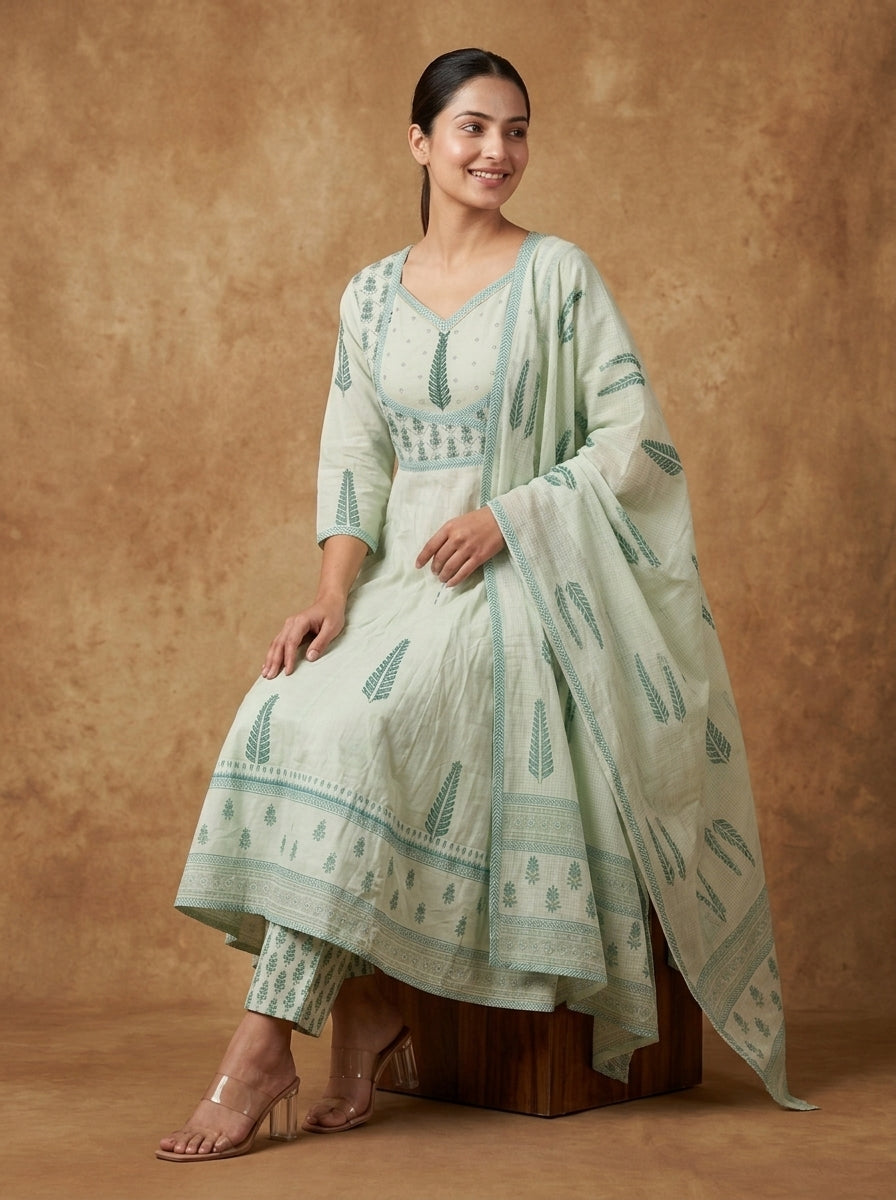 Pistachio Mint Floral Print Anarkali Suit Set