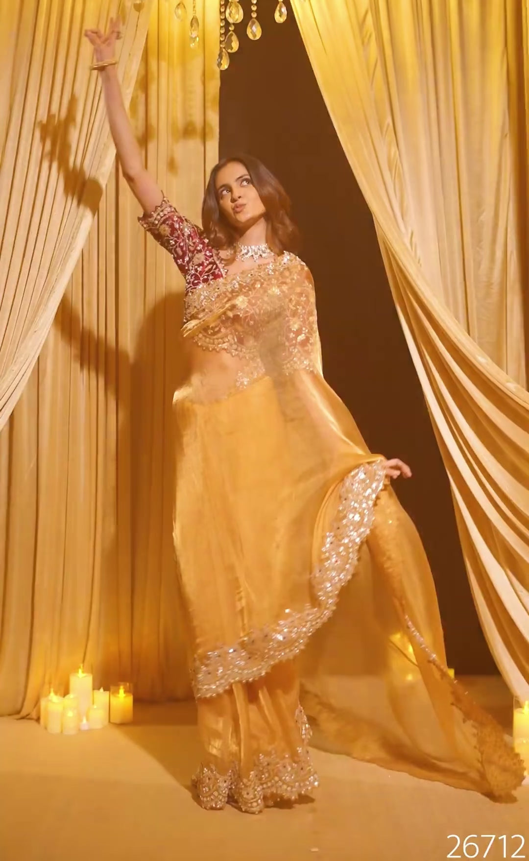 Golden Mustard Tissue Organza Saree with Scalloped Embellished Border & Maroon Blouse