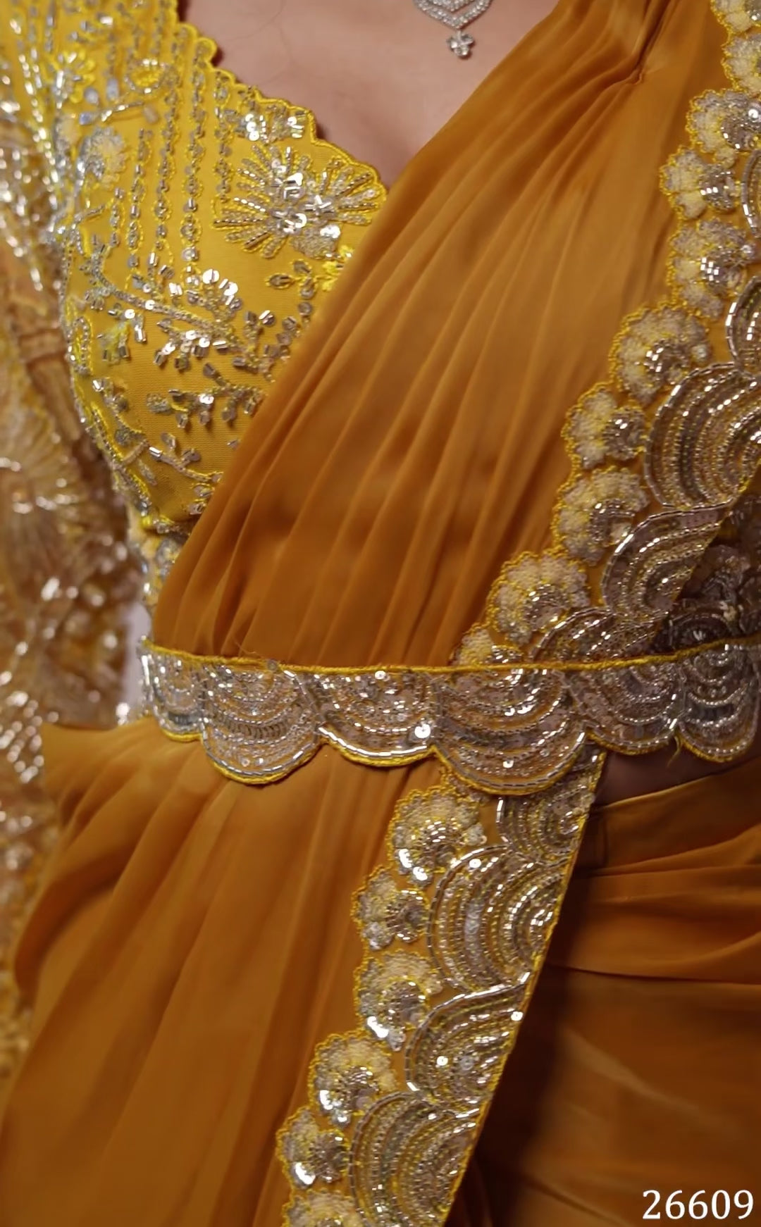 Mustard Pre-Draped Saree with Full-Sleeve Sequin Blouse & Embellished Belt