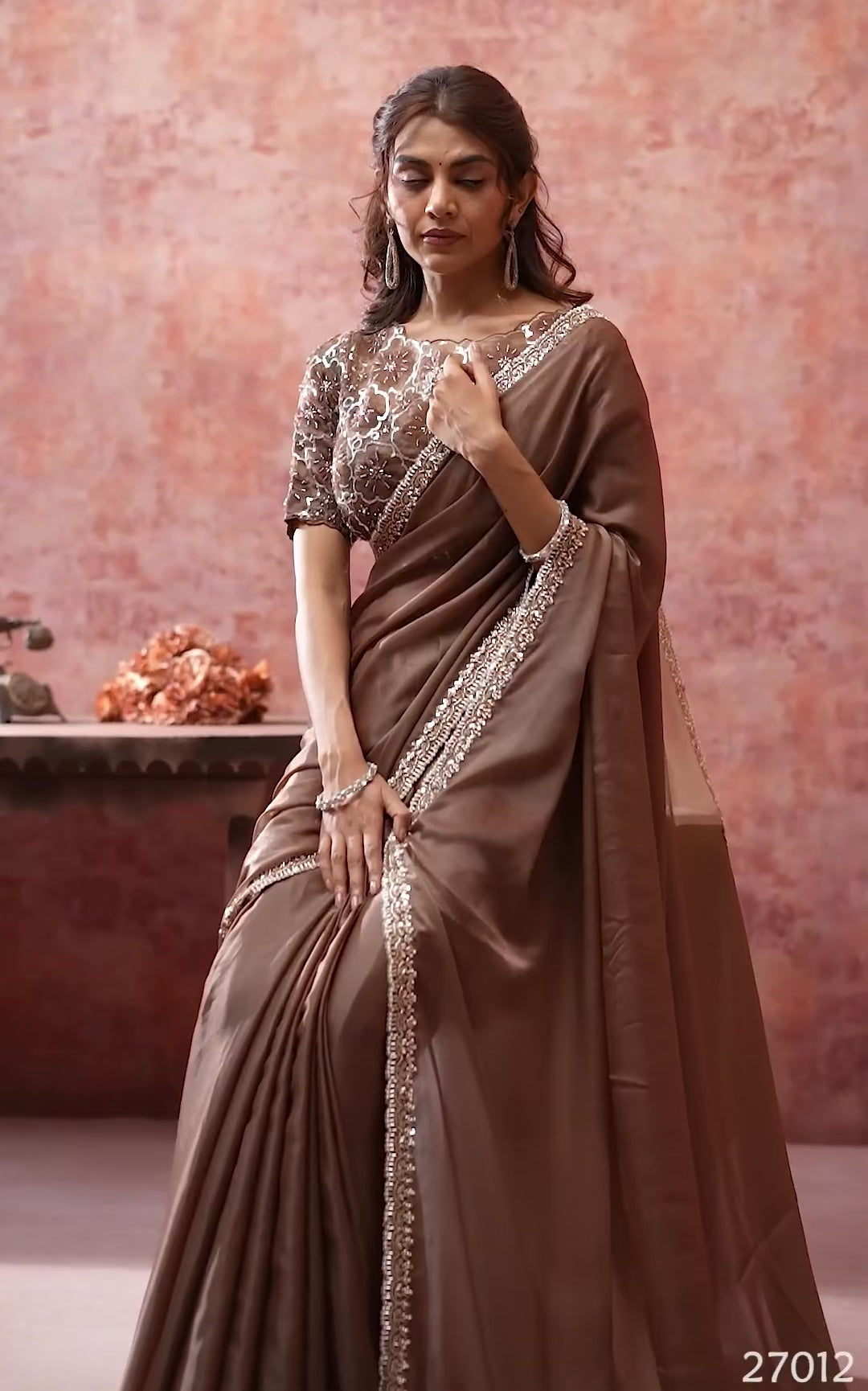 Mocha Brown Saree with Embellished Border & Sequin Embroidered Blouse