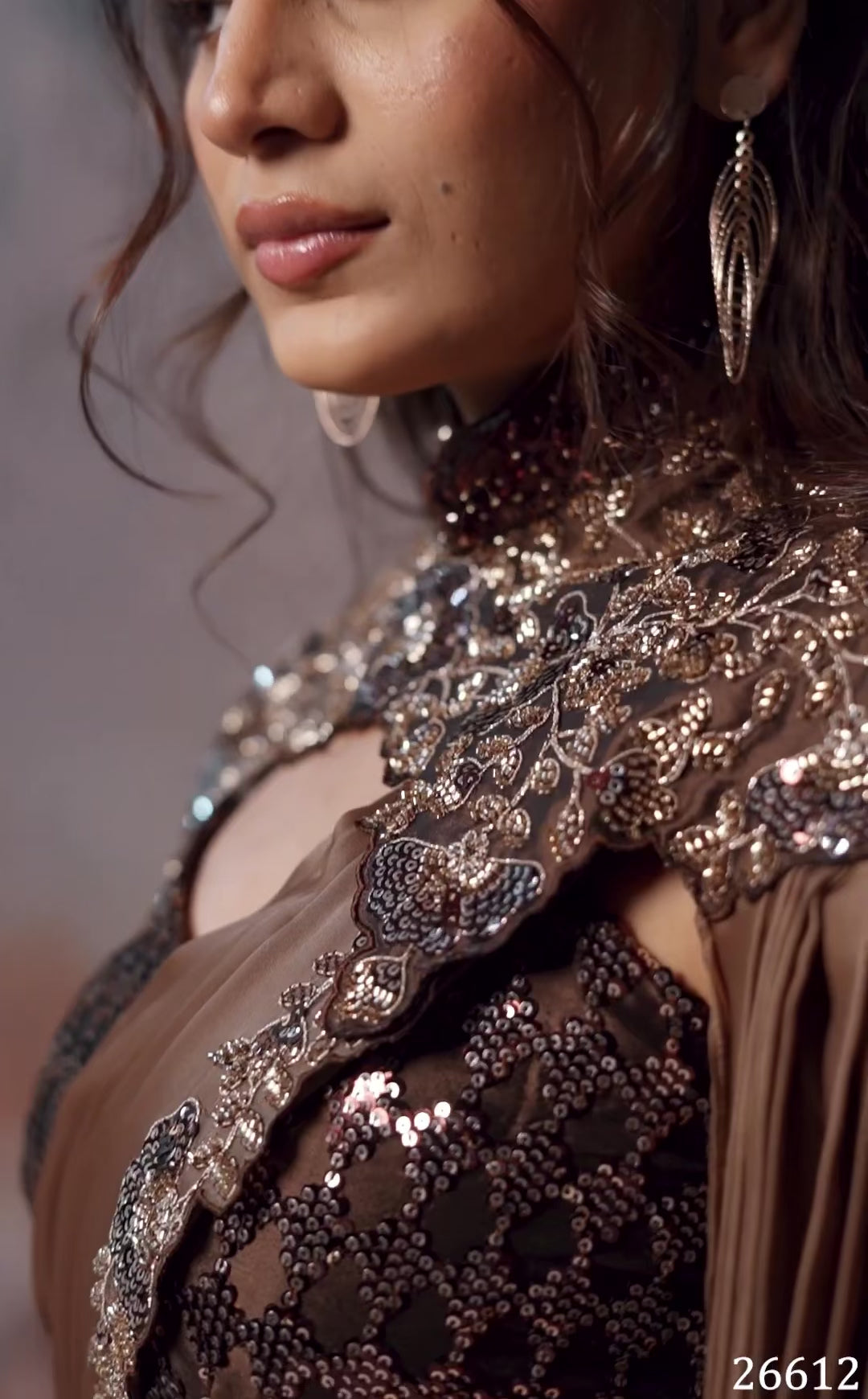 Chocolate Brown Pre-Draped Satin Saree with Pleated Cape & Sequin Blouse