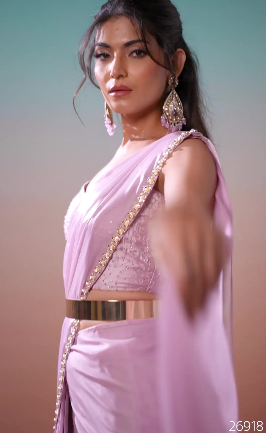 Lavender Ready-to-Wear Saree with Brocade Blazer, Embroidered Blouse & Metallic Belt