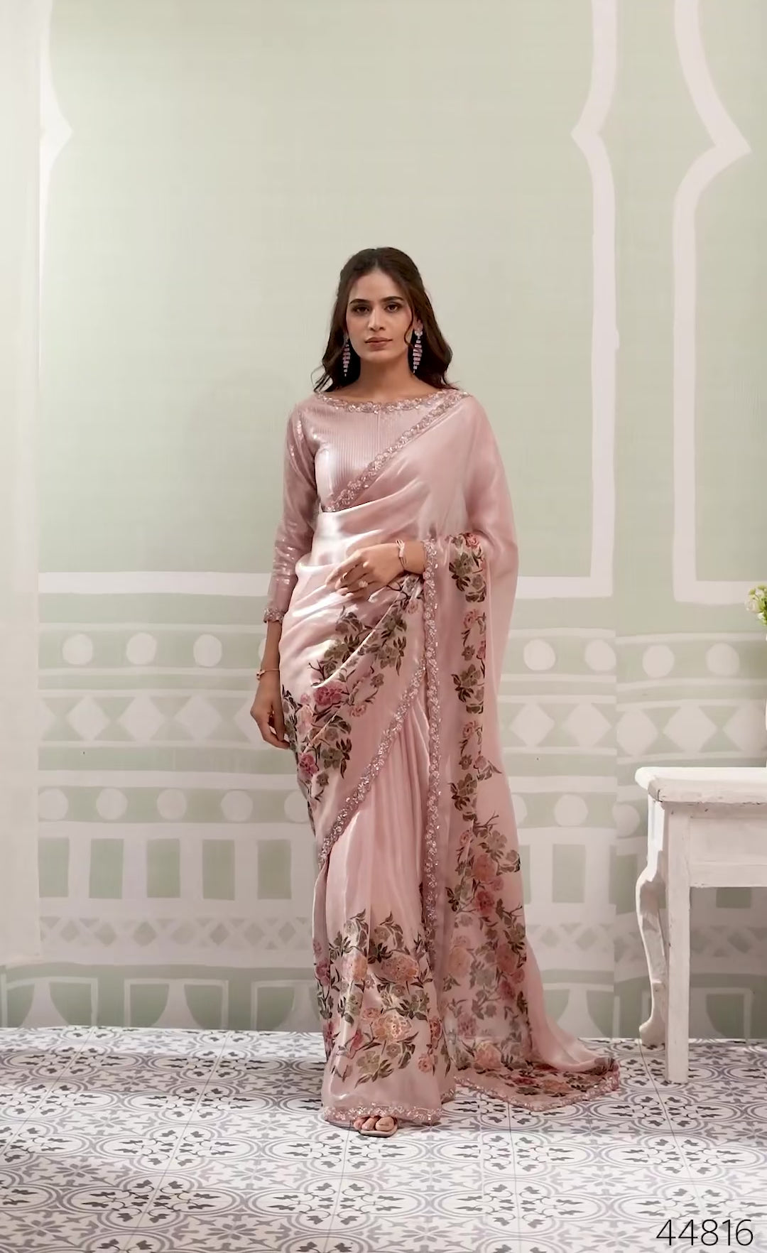 Blush Pink Tissue Saree with Floral Print & Embellished Border